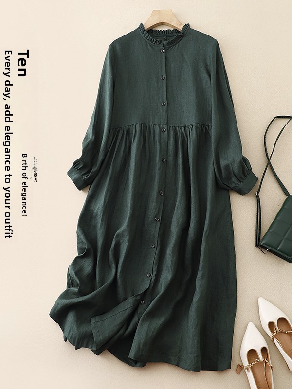 Casual Loose Linen Shirt Dress - 캐주얼 루즈핏 코튼 린넨 긴팔 원피스