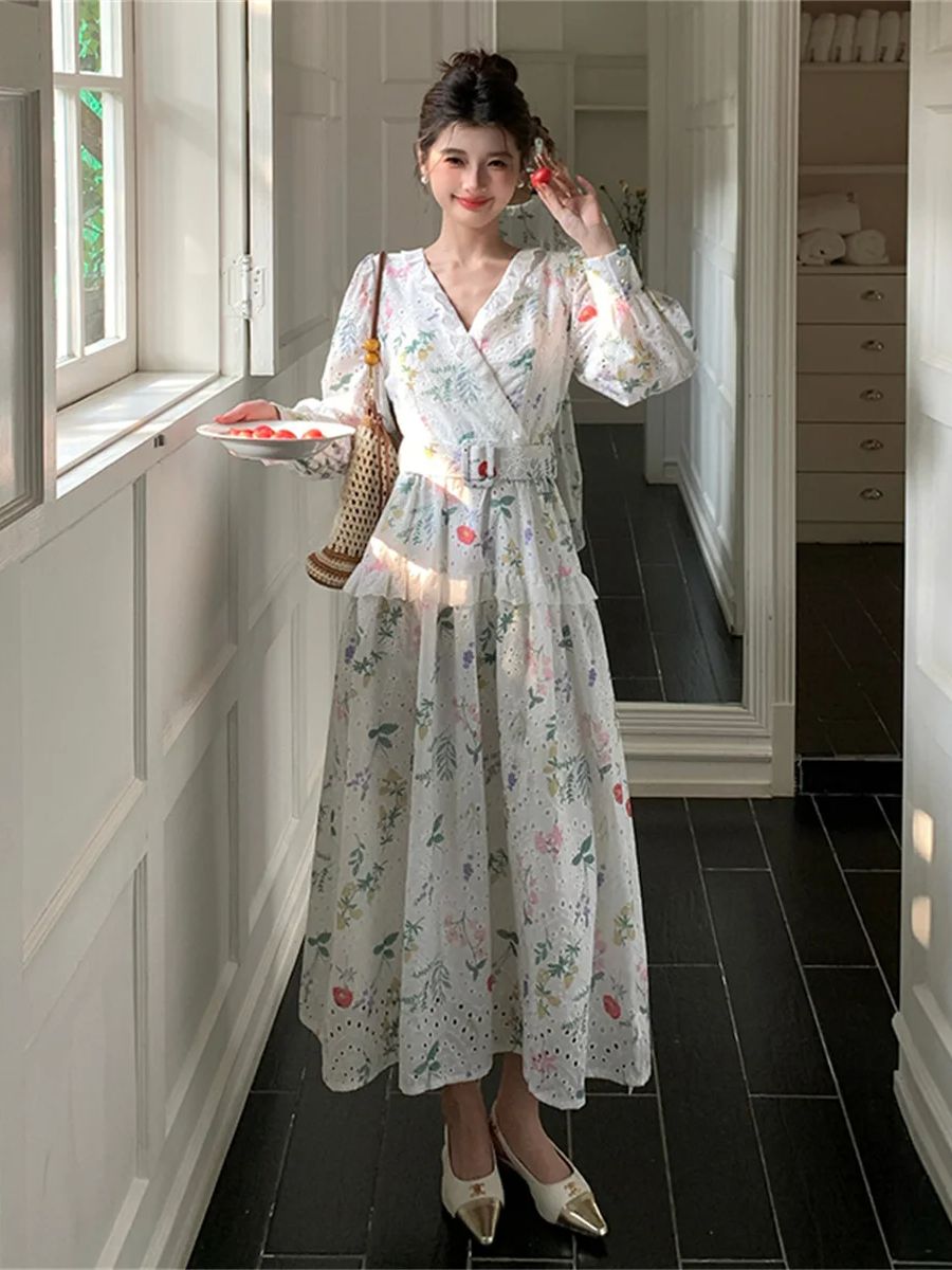 프랑스 로맨틱 스타일 랜턴 슬리브 플로럴 프린트 미디  - French Vintage Floral Midi Dress 리뷰 및 가격
