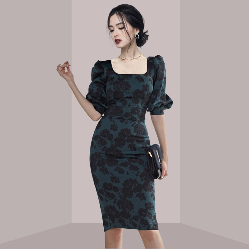 우아한 여성스러운 플로럴 프린트 슬림핏 미디 드레스 한 - French Vintage Floral Midi Dress 리뷰 및 가격