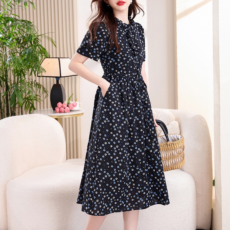 빈티지 네이비 블루 플로럴 프린트 미디 드레스 러플 V - French Vintage Floral Midi Dress 리뷰 및 가격